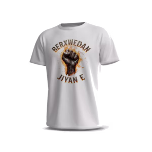 Berxwedan-3-Front-White تيشيرت Berxwedan Jiyan e بتصميم قبضة القوة