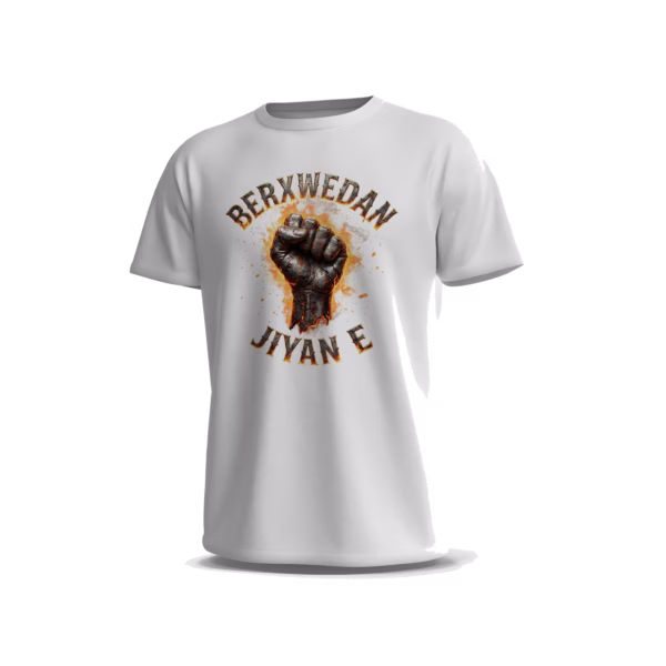 Berxwedan-3-Front-White تيشيرت Berxwedan Jiyan e بتصميم قبضة القوة