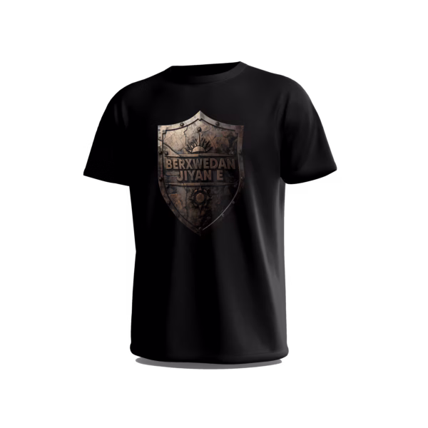 Berxwedan-6-Front-Black تيشيرت Berxwedan Jiyan e بتصميم درع معدني