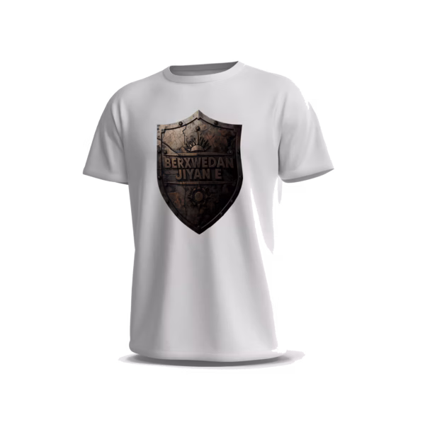 Berxwedan-6-Front-White تيشيرت Berxwedan Jiyan e بتصميم درع معدني