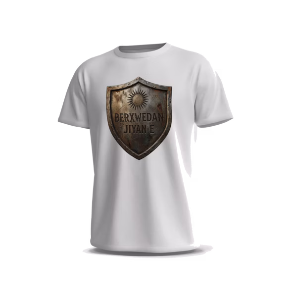 Berxwedan-7-Front-White تيشيرت Berxwedan Jiyan e بتصميم درع الشمس المعدني