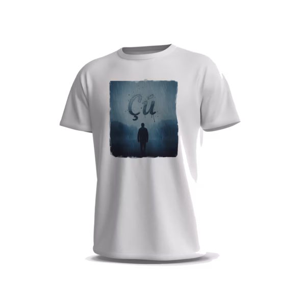 Cu-1-Front-White تيشيرت Çû بتصميم المطر والغموض