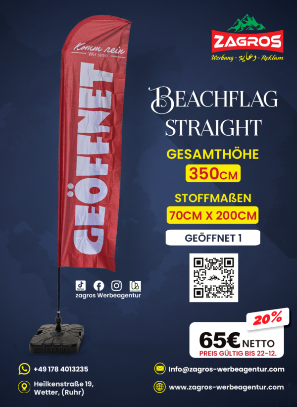 Geoffnet-1.png علم شاطئ جاهز - مفتوح Geöffnet (موديل ستريت Straight - ارتفاع 350 سم)