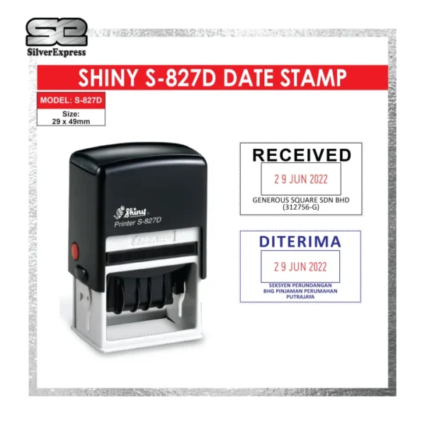 Datumsstempel mit zwei individuellen Textfeldern oberhalb und unterhalb des Datums – 50 × 10 mm – Shiny BP-827D
