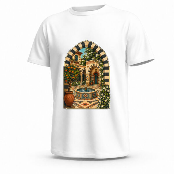 amanos-syrian-damascene-courtyard-white تيشيرت Damascene Courtyard جاهز للطباعة